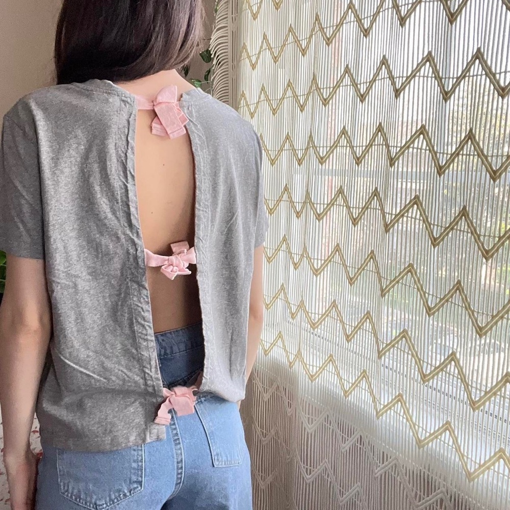 Jack Wills Gray Pink Bow Open Back Top